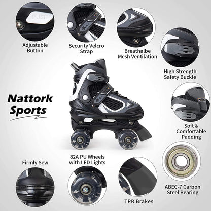 Nattork Kids Roller Skates for Boys Girls, 4 Sizes Adjustable Roller Skates with All Light up Wheels, Full Protection for Children's Indoor Outdoor