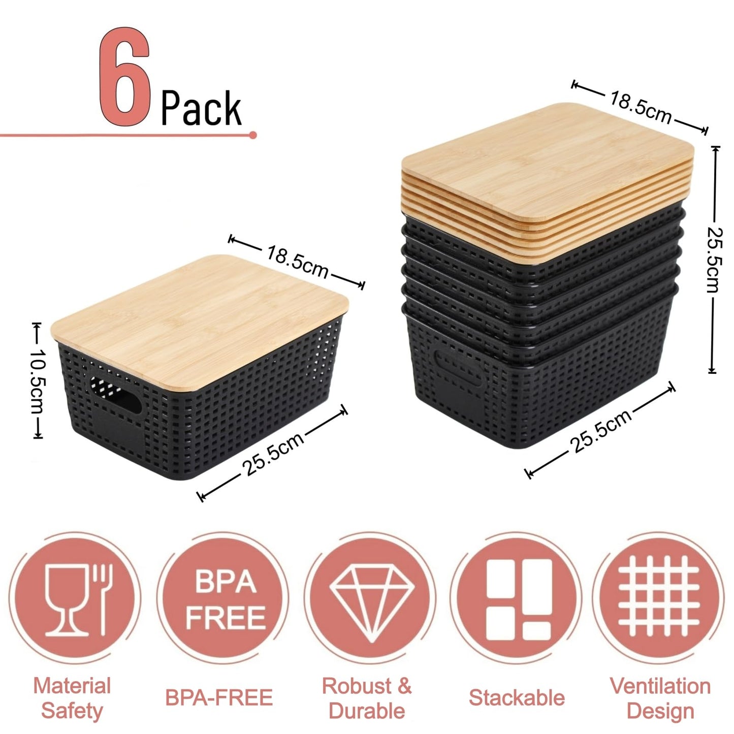 VIIHTYISA Plastic Storage Box with Bamboo Lid, Stackable Storage Baskets, Organizing Box for Shelves, Drawers, Desks, Cabinets, Playrooms and Offices