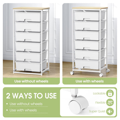 6-Drawer Craft Organizer Trolley Cart with Wooden Top, White
