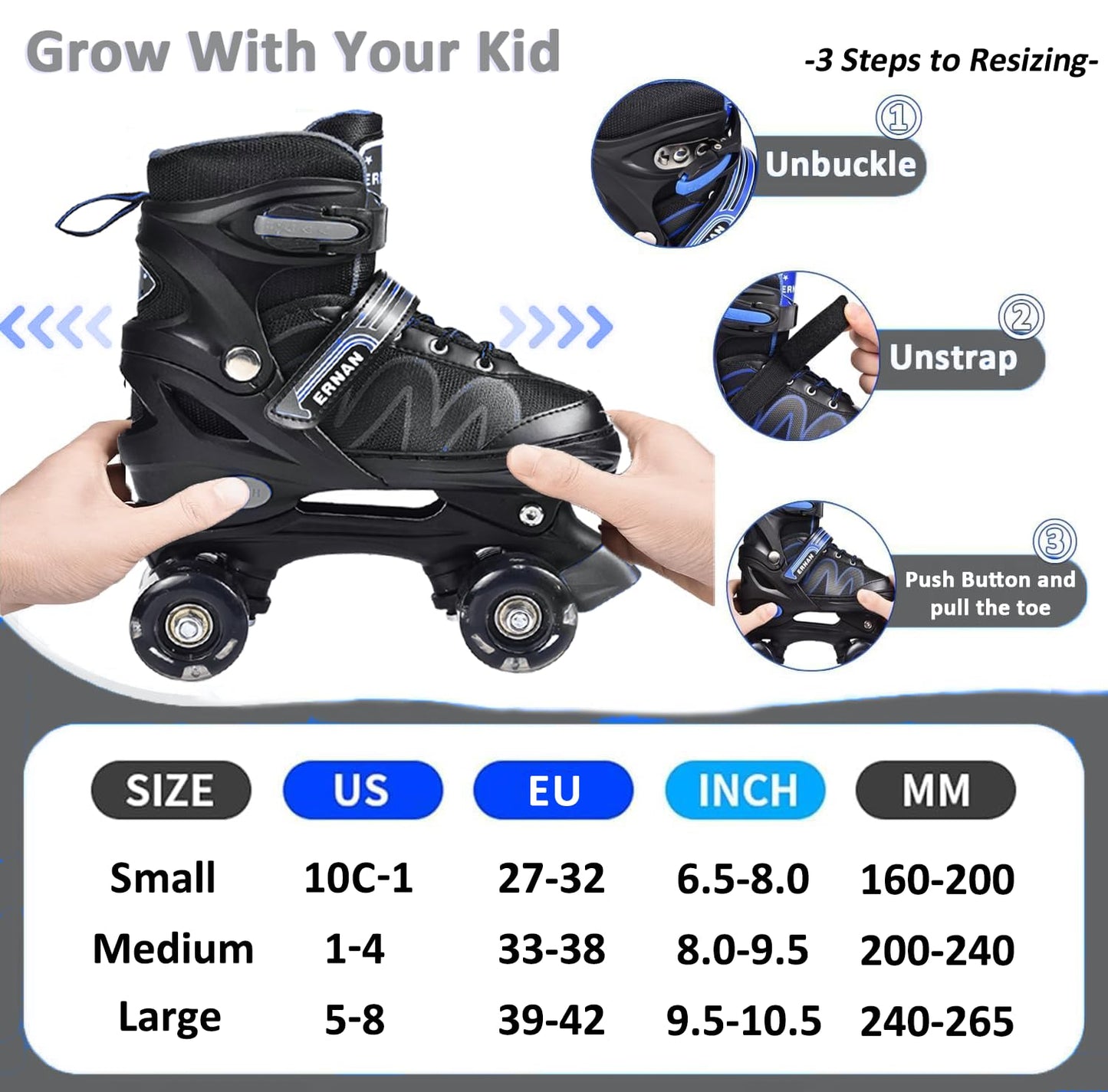 ERNAN Roller skates kids Roller boots,8 Light up Wheels and 4 Sizes Adjustable.Rollerskates for Kids Beginners, Suitable for Indoor Outdoor (White, S)