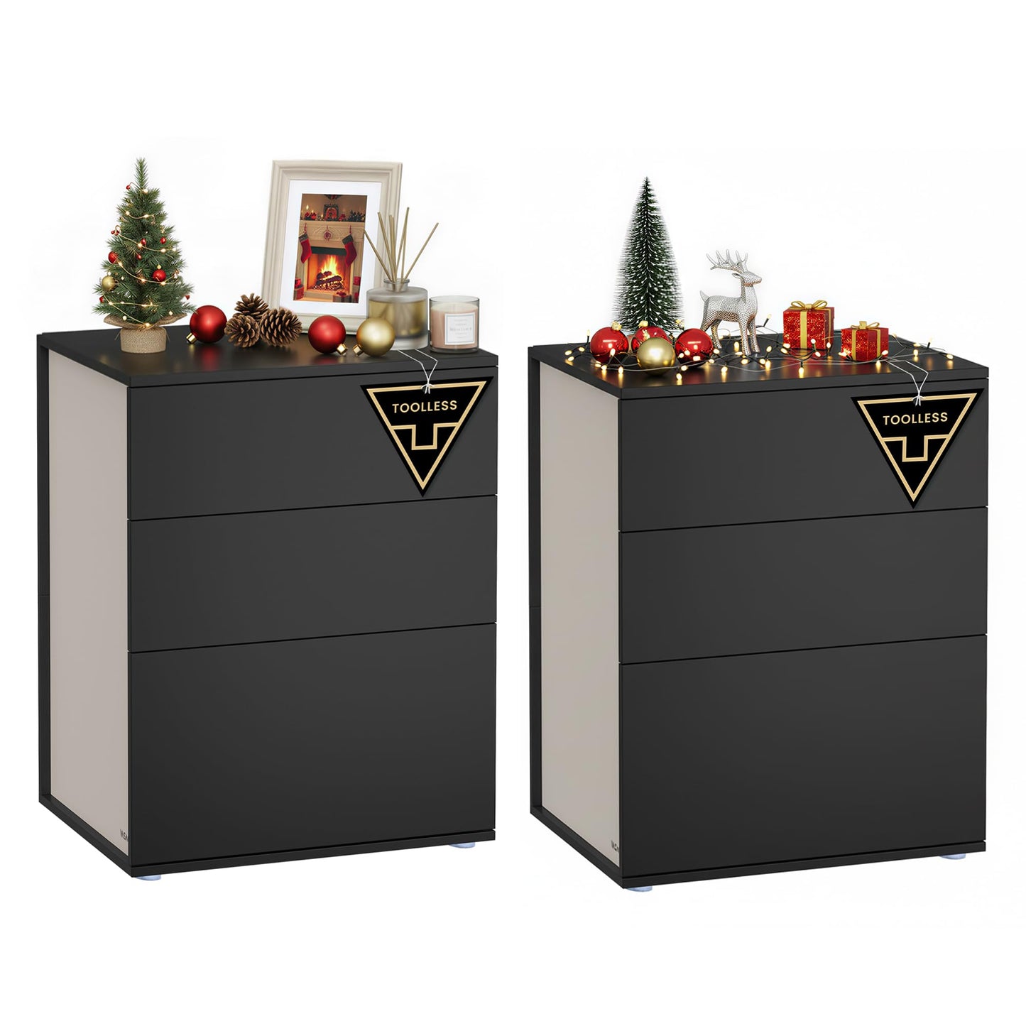 VASAGLE 2 Set Bedside Tables with 3 Drawers, Superfast Toolless Assembly, Bed Side Cabinet Nightstand, Black Chest Of Drawers for Bedroom/Living Room,