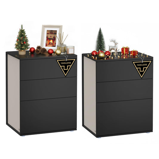 VASAGLE 2 Set Bedside Tables with 3 Drawers, Superfast Toolless Assembly, Bed Side Cabinet Nightstand, Black Chest Of Drawers for Bedroom/Living Room,