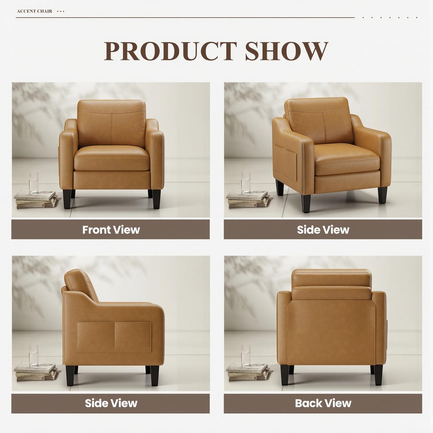 Arm Chairs for Living Room Set of 1, Accent Chair with Side Storage Pocket, PU Leather Armchairs with Thick Cushion