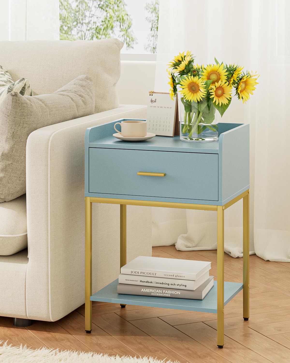 HEYZOEY Bedside Table, 3-tier Modern Bedside Table with Storage Drawer and Shelf, Small Side Table for Bedroom, Living Room, Blue