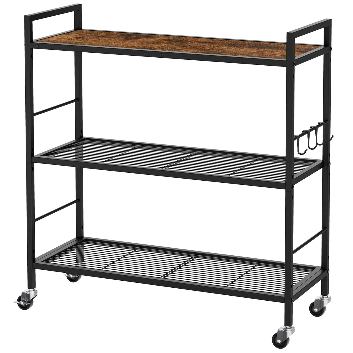 3-Tier kitchen trolley,Brown Wood Top,80W×30Dcm,4 Hooks, Adjustable Shelves