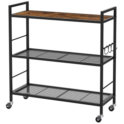 3-Tier kitchen trolley,Brown Wood Top,80W×30Dcm,4 Hooks, Adjustable Shelves
