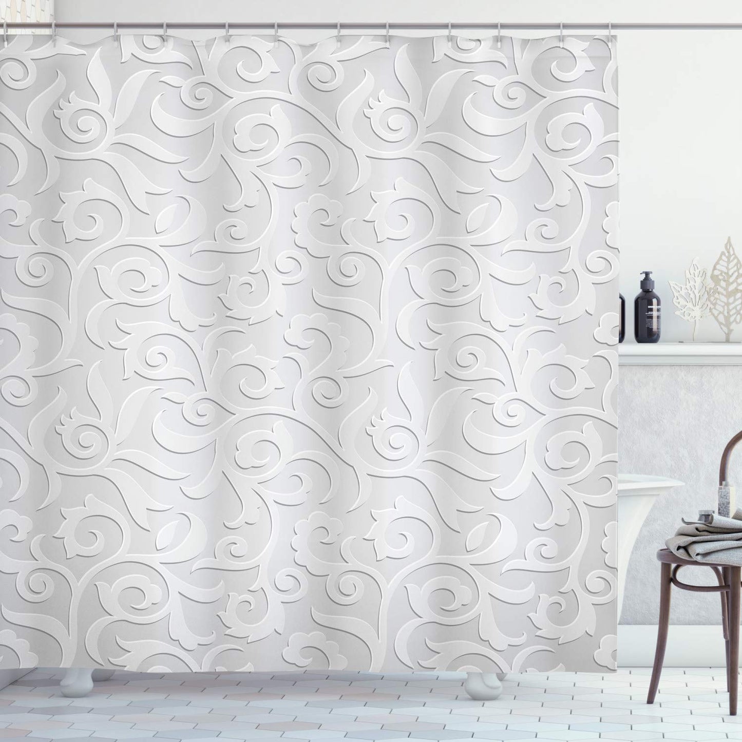 ABAKUHAUS Grey Shower Curtain, Abstract Natural Ivy Leaves Flowers Curly Branches Vine Victorian Style Pattern Art Print, Cloth Fabric Bathroom Decor
