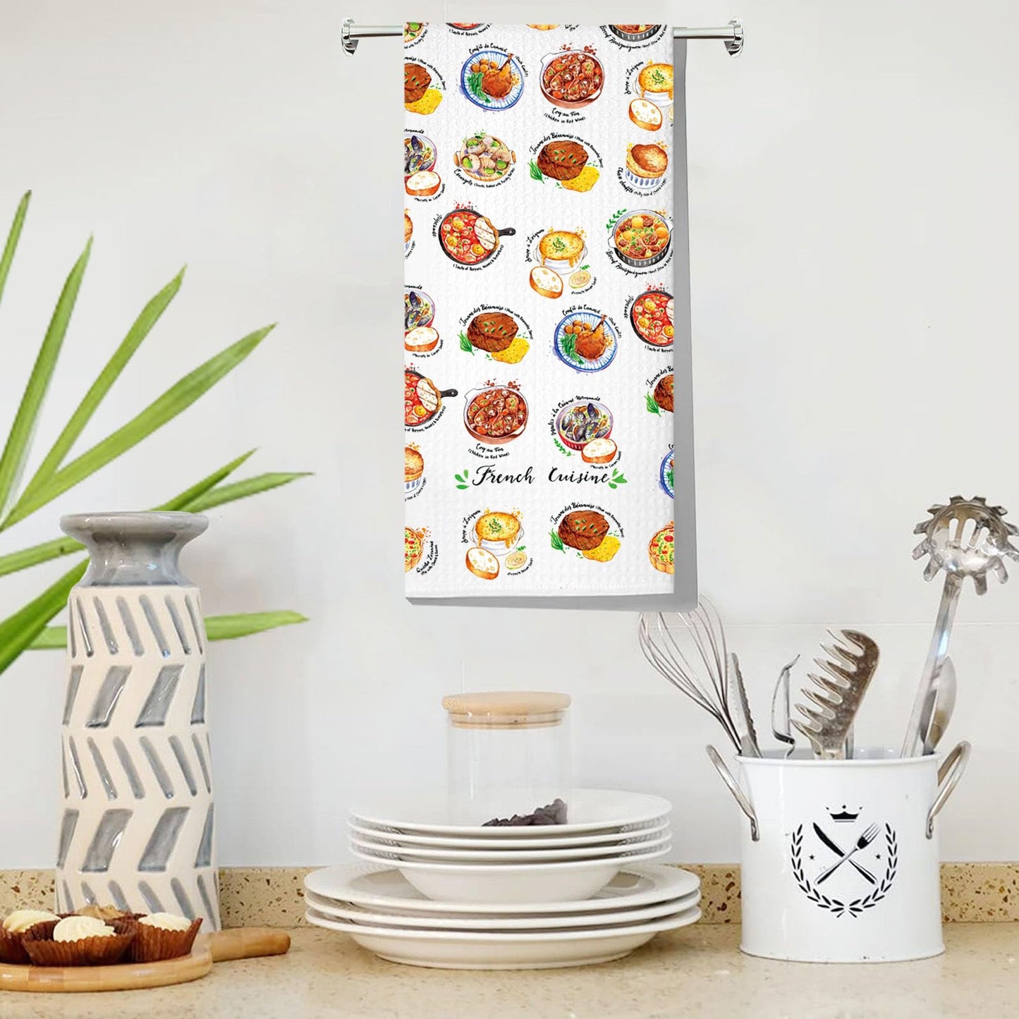 LEVLO French Cuisine Kitchen Towel France Travel Gifts France Tea Towel French Housewarming Gift (French Cuisine Towel)