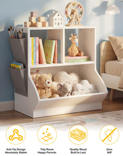 iSunirm Kids Bookshelf with Toy Storage, White Wooden Children's Bookcase and Toy Organiser for Kids Room, Nursery and Playroom