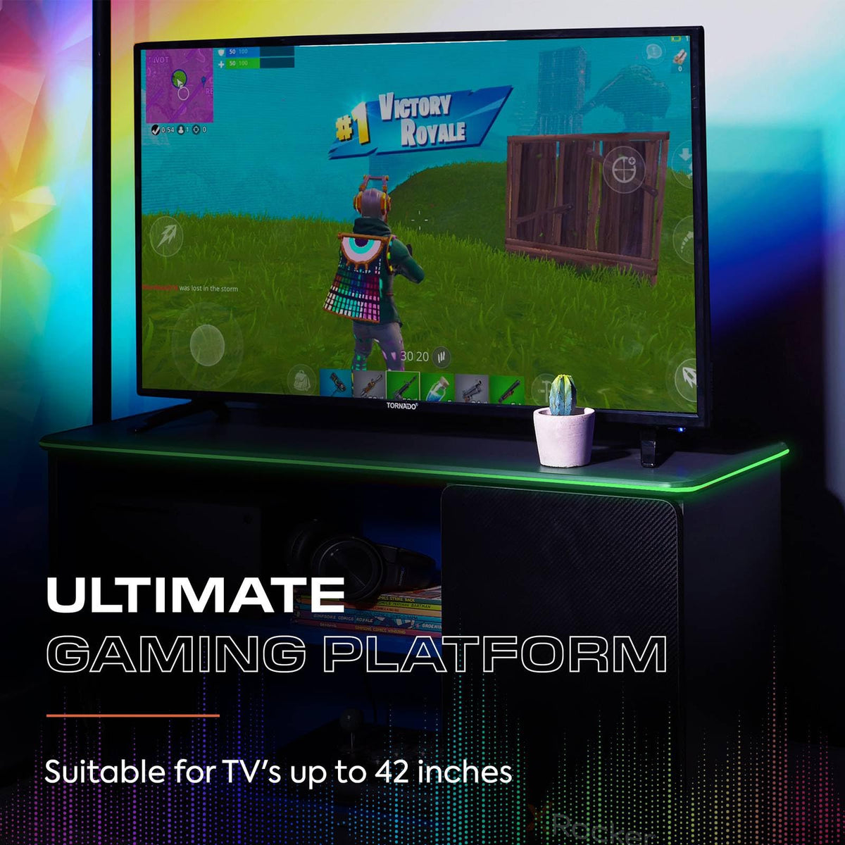 X Rocker Carbon-Tek 100cm Width, RGB LED TV Stand Media Centre - Neo Fibre Lighting, 2 Open Shelves, 2 Shelf Storage Cupboard