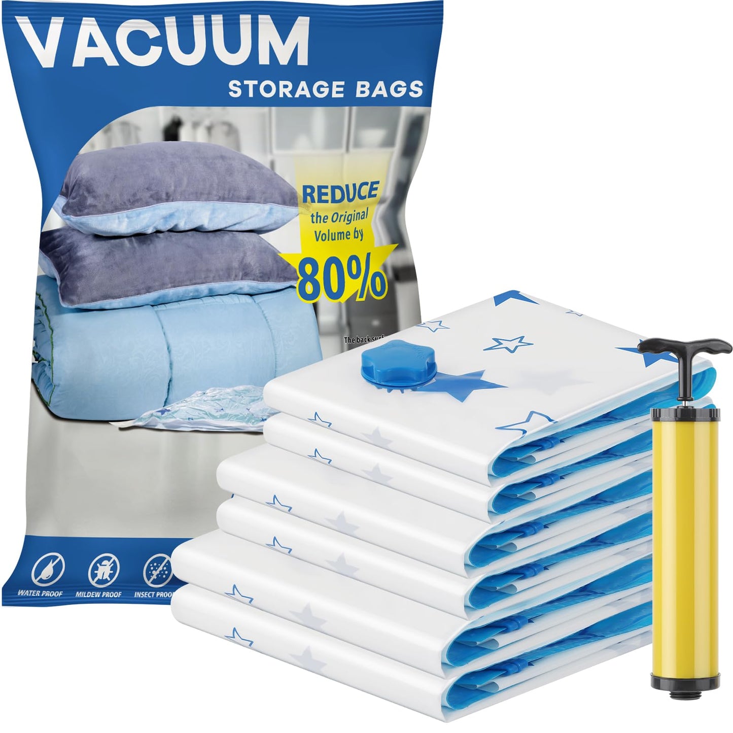 UOUNE Vacuum Storage Bags, 6 Combo (2 Jumbo, 2 Large, 2 Medium) Reusable Space Saver Bags Vacuum Compression Zipper Storage Bags with Airtight Valve