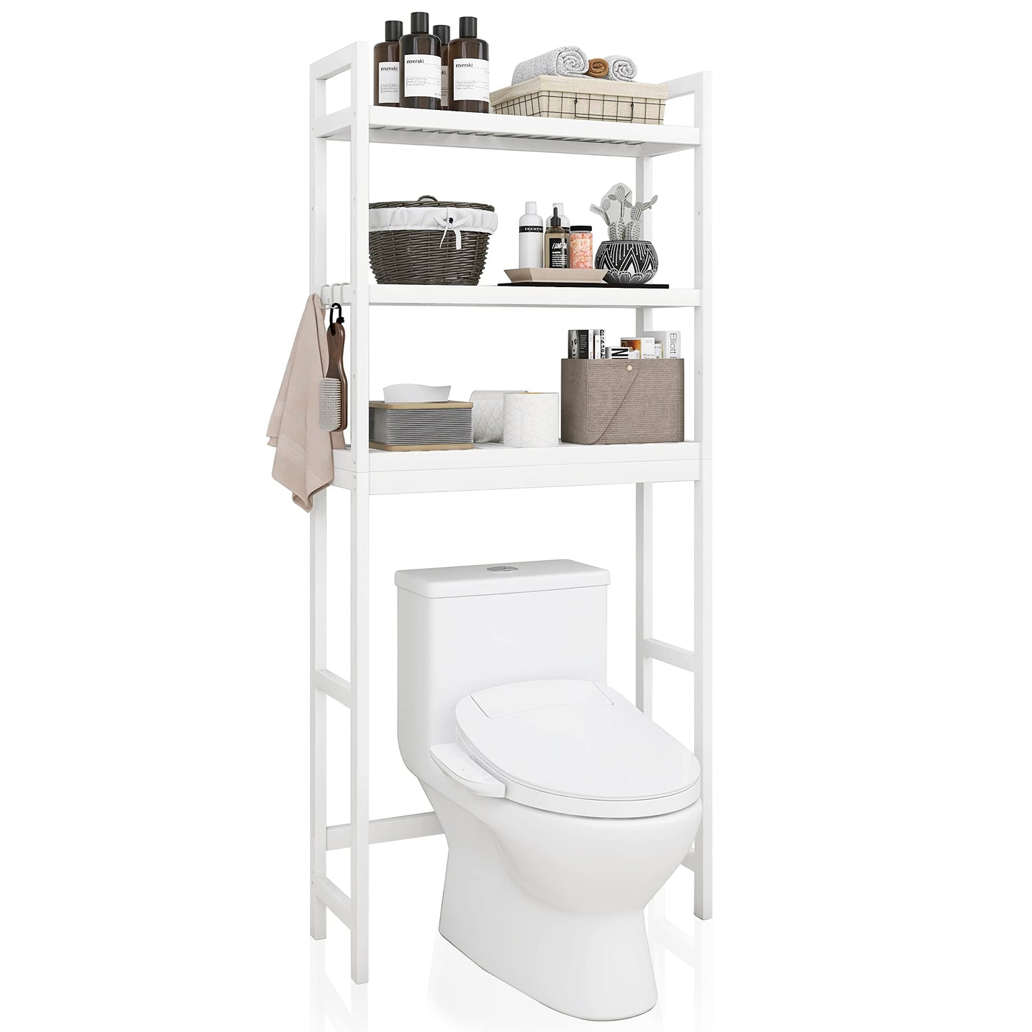 SMIBUY Bathroom Storage Shelf, Bamboo Over-The-Toilet Organizer Rack, Freestanding Toilet Space Saver with 3-Tier Adjustable Shelves (White)