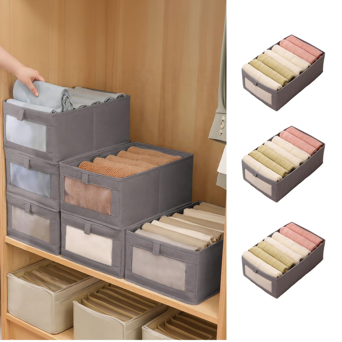 Braozaiw 3Pcs Wardrobe Storage Organiser with Clear Window - Foldable Fabric Boxes for Underwear, Socks, Clothing (Gray, Size XL 45 * 27 * 17)