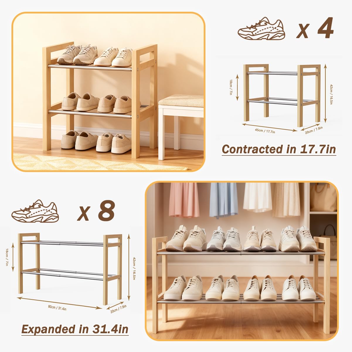 LEMIKKLE Shoe Rack Wooden, 2-Tier Oak Shoe Rack Expandable Stainless Steel Design, Ideal for Small Shoe Storage for Narrow Space