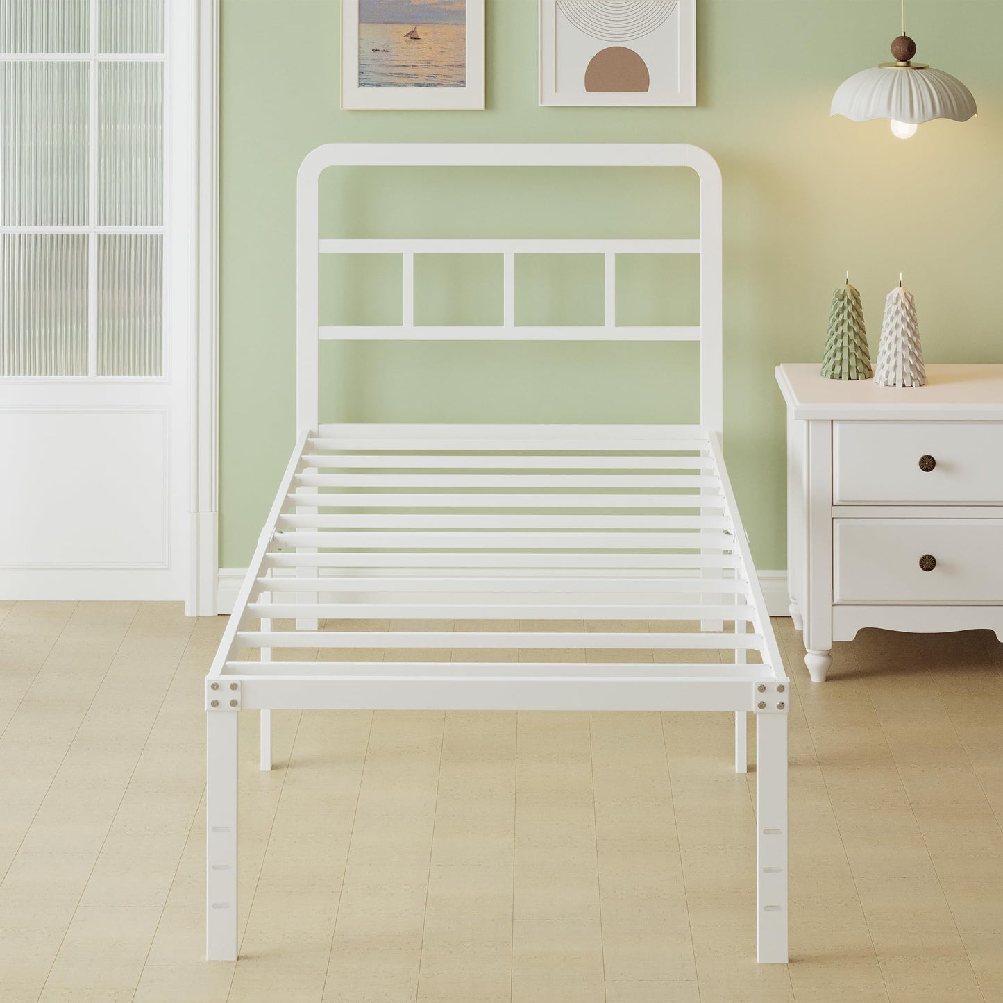 Lutown-Teen Metal Small Single Bed Frame with Headboard, 46 cm High, White