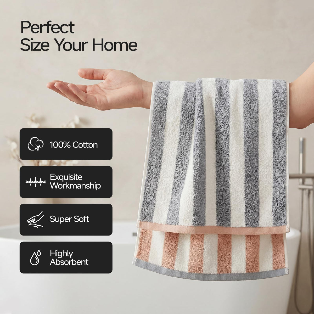 REDKISS 2 Pack Striped Hand Towels for Bathroom - 100% Cotton Decorative Hand Towel Set, 32x72cm, Soft Absorbent and Quick-Dry Towels for Bathroom