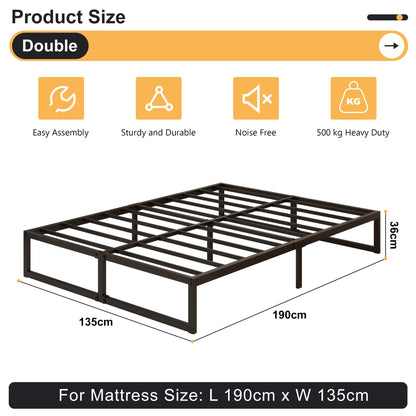 Yicensen Double Bed Frame 135x190 cm Metal Platform Bed Double, Noise Free