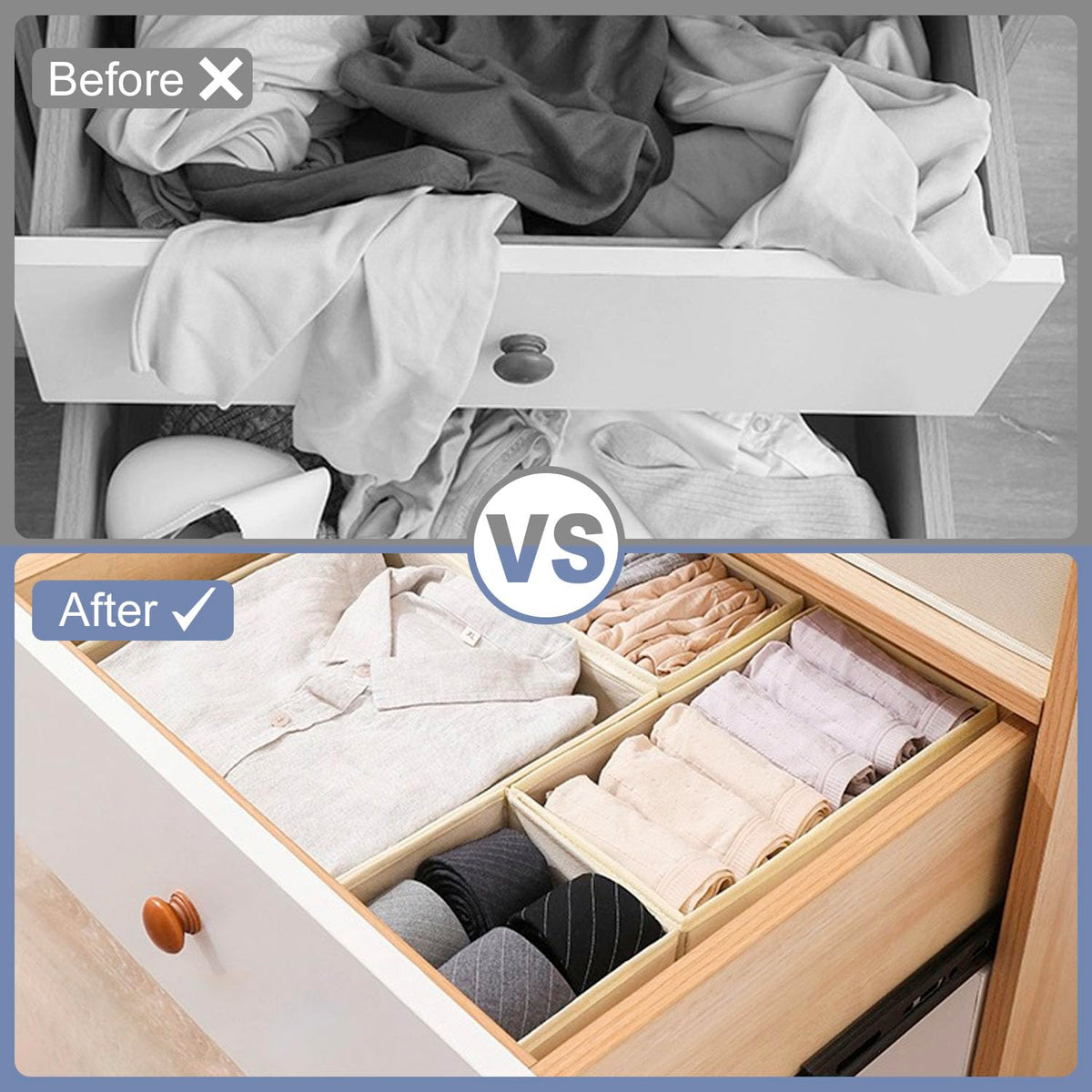 Kiswleon Clothes Drawer Organisers,6-Piece Drawer Dividers, Folding Wardrobe Drawer Divider Clothe for Bedroom Fabric Underwear