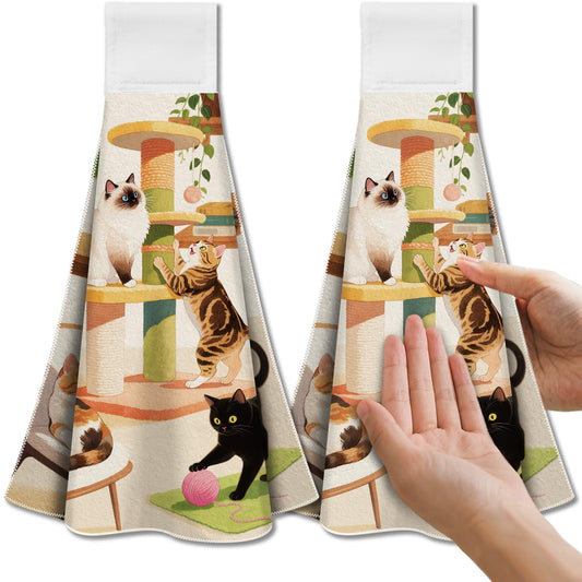 CUTHOLLOW 2Pcs Cat Play and Flowers Tea Towels for Kitchen with Loop, 31.5x43.5cm Soft Super Absorbent Microfiber Decorative Hanging Dish Towel, Tea,