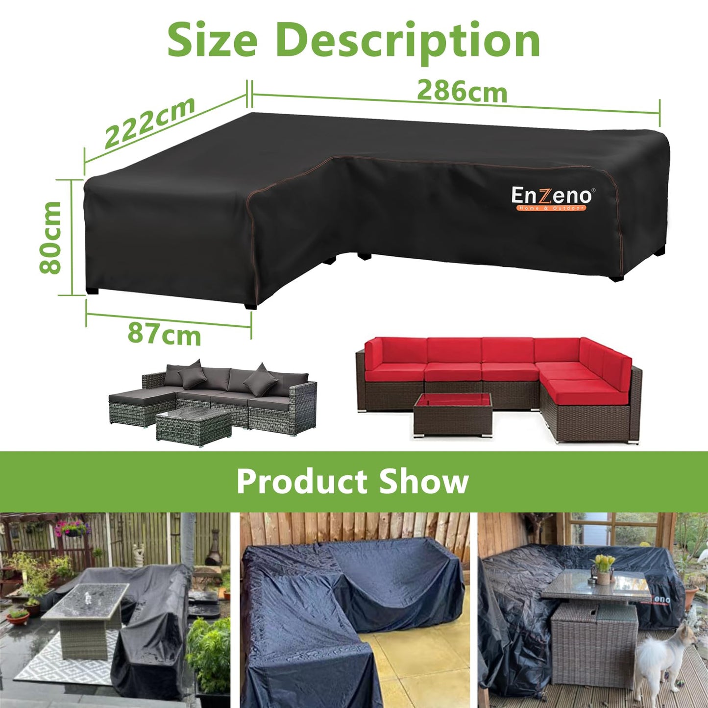 Enzeno Garden Furniture Covers waterproof, 420D Oxford Fabric l shaped outdoor sofa cover, Rattan Corner Sofa Cover with Waterproof Tape