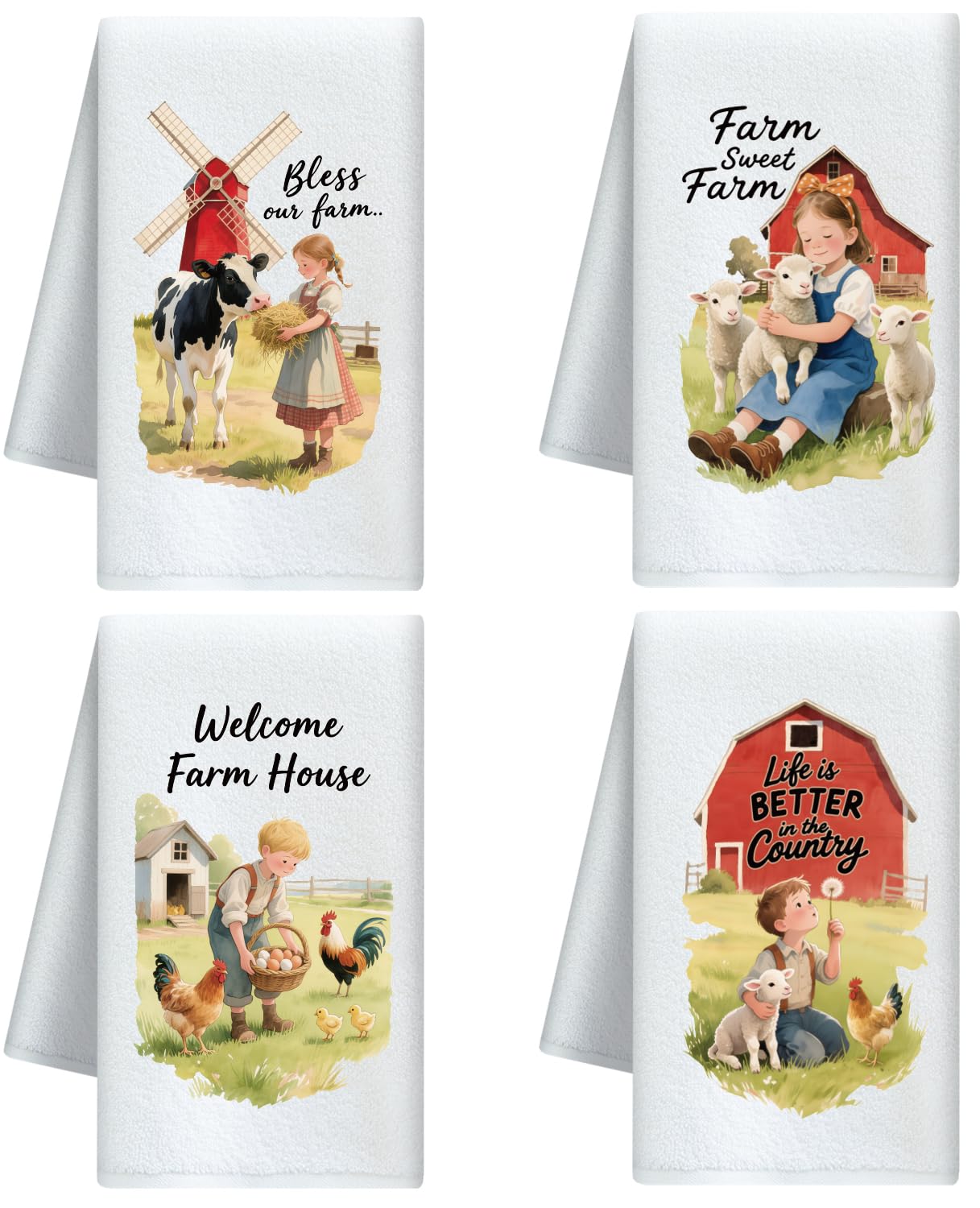 CUTHOLLOW Farm Life Decorative Kitchen Towels Set of 4, 60x40cm Soft & Absorbent Microfiber Dish Towel for Kitchen Tea Coffee Bar Home, Best Gift for