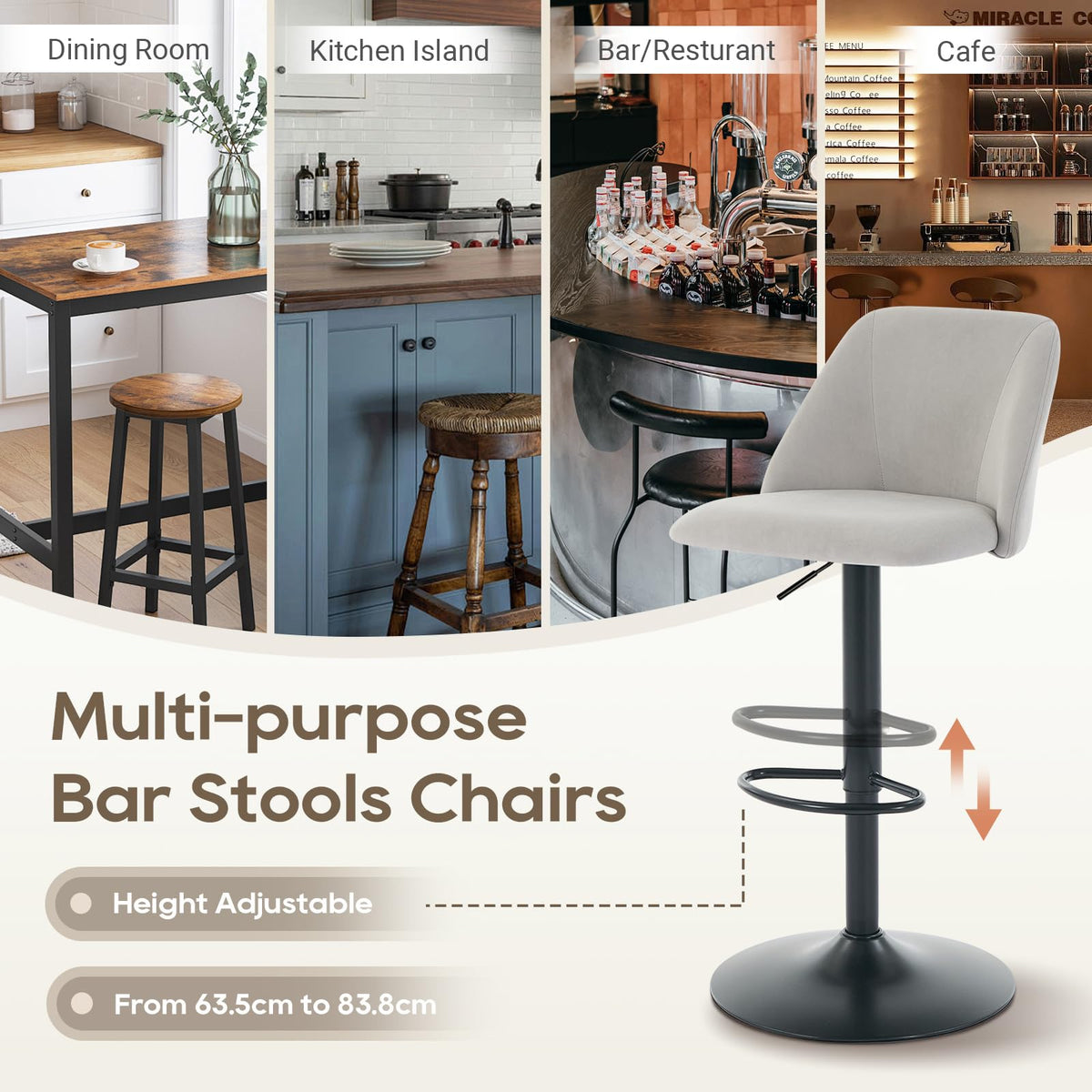 COLAMY Breakfast Bar Stools Set of 4, Modern Swivel Kitchen Stool, Adjustable Upholstered Barstools Counter Height with Square Open Back for Bar