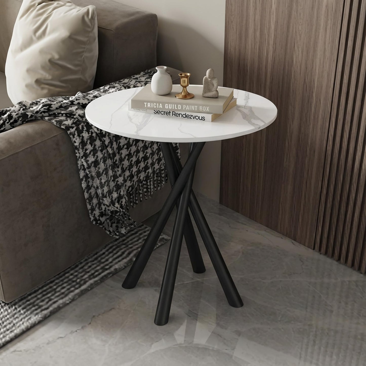 IMHKAM Round Side Table, White Small Stone Marble Coffee Table Living Room Bedside Table with Black Metal Legs Sofa Bedroom Office Table, 50x50x55cm