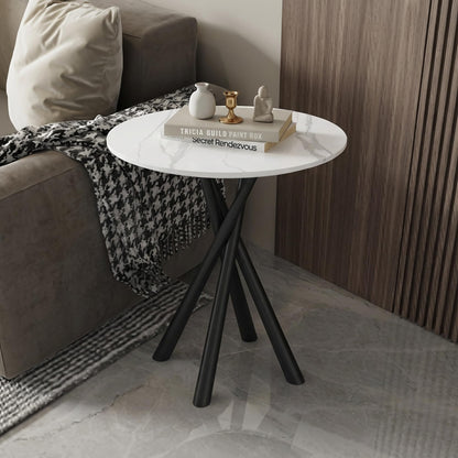 IMHKAM Round Side Table, White Small Stone Marble Coffee Table Living Room Bedside Table with Black Metal Legs Sofa Bedroom Office Table, 50x50x55cm