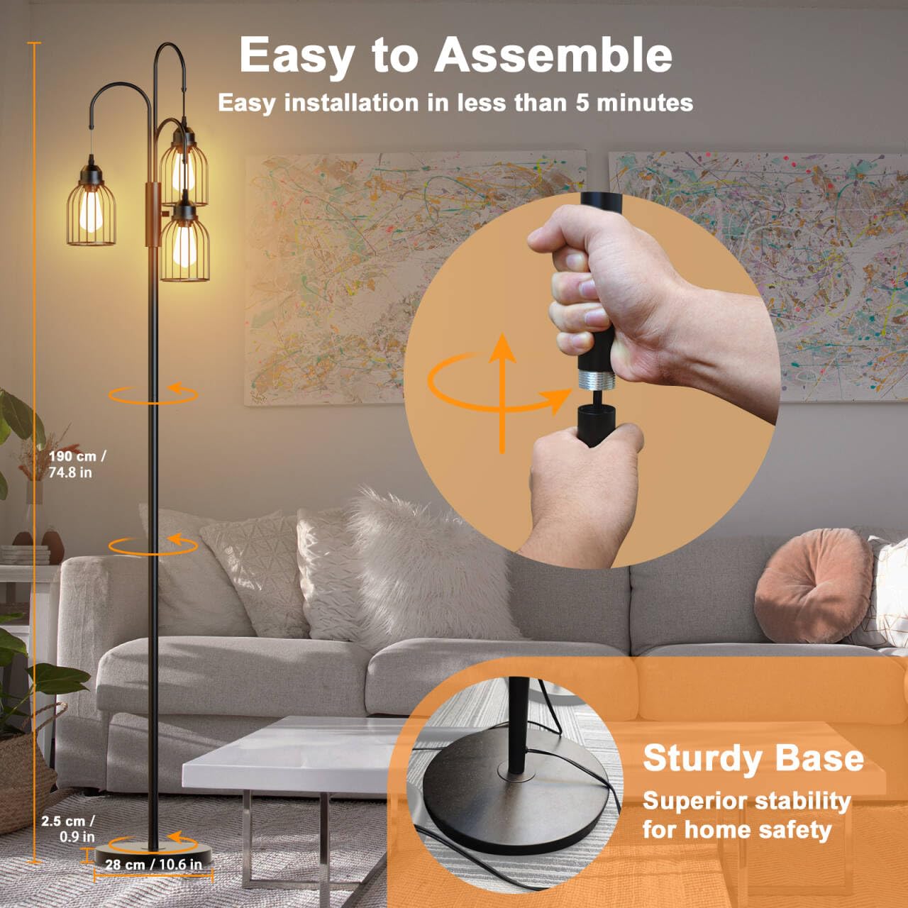 Industrial Floor Lamp for Living Room, 190cm Dimmable Standing Lamp, 3 LED Bulbs Included, E27 Sockets Standing Tree Lamp with Wire Cage Lampshade for