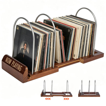 Yalitrca Adjustable Vinyl Record Storage Stand, Expandable LP Holder for 30–70 Albums, Wood & Metal Record Rack with Now Playing Display