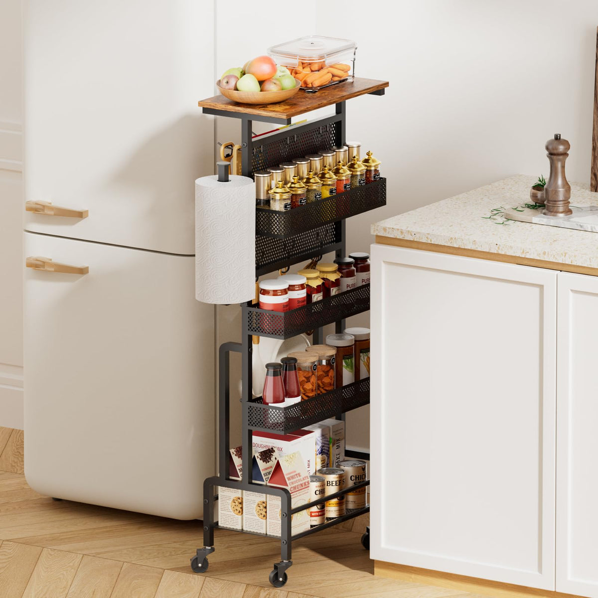 Bikoney Slim Storage Trolley with Wooden Top, Narrow Rolling Kitchen Cart