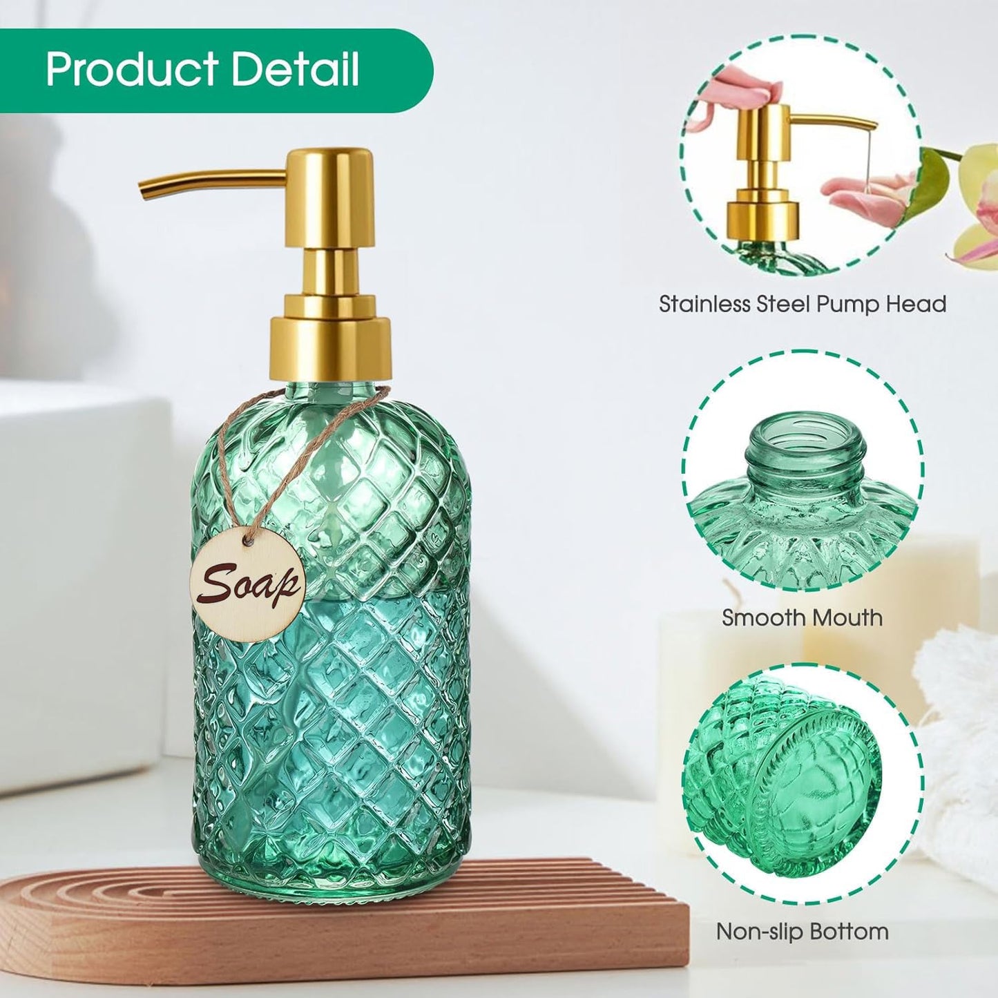 Bingobang Glass Soap Dispenser with Hand Gold Pump 470ml, Green