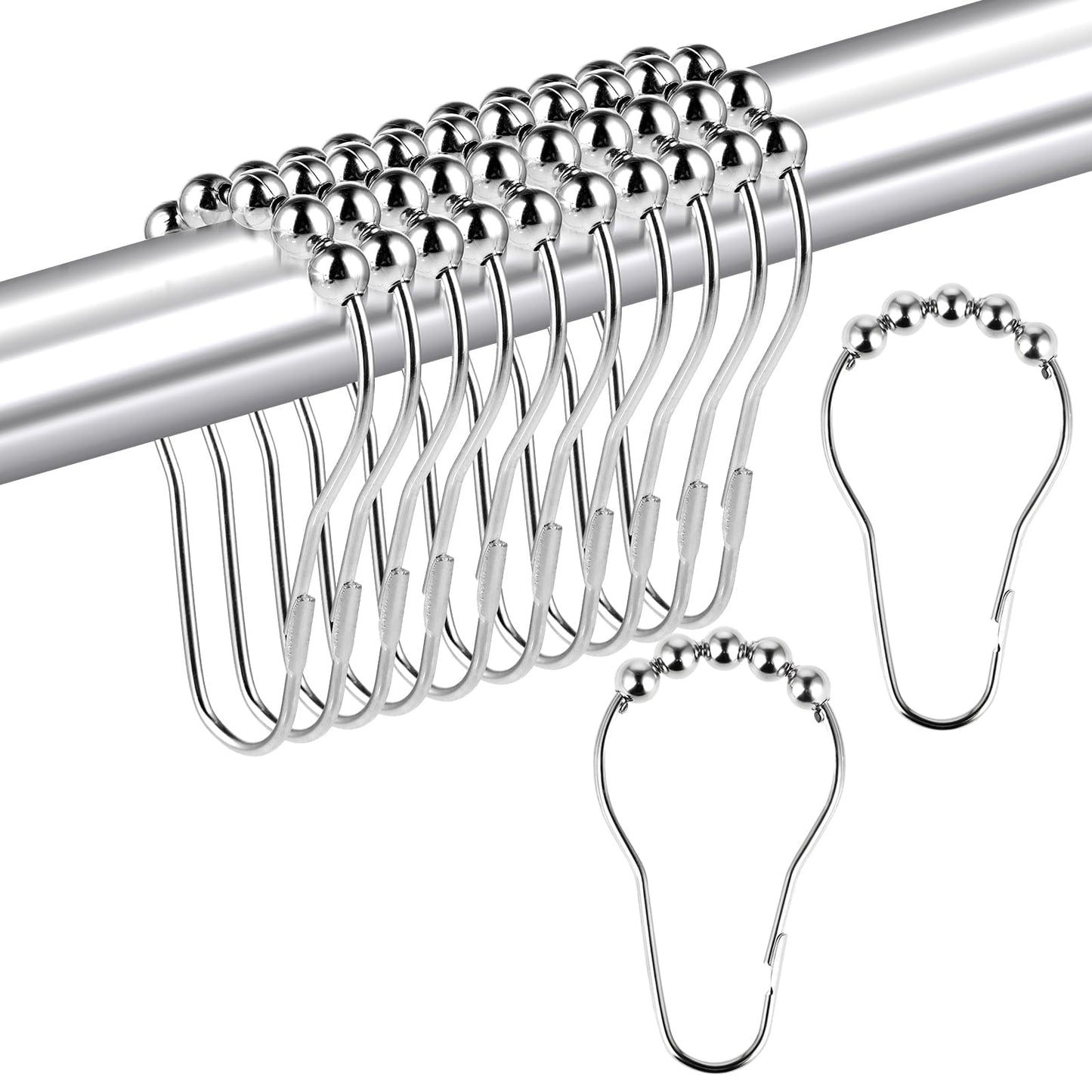 Fogcosy 14 Pcs Stainless Steel Shower Curtain Hooks with Roller Balls, Rust-Resistant, Heavy-Duty Closure, Suitable for Standard Bathrooms