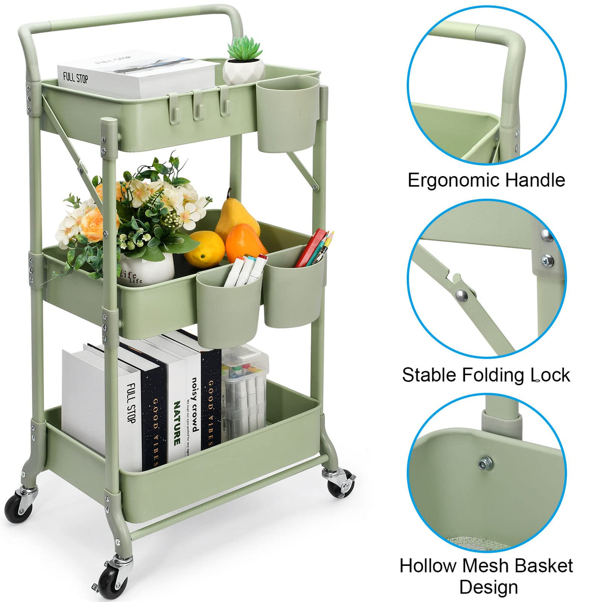 Shrivee 3-Tier Foldable Metal Shelf Organiser, Serving Trolley with Wheels for Kitchen, Bathroom, Office (Green)