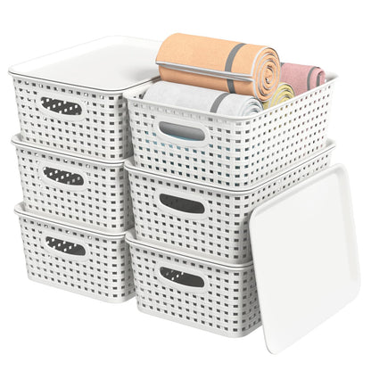 Wakikini Woven Plastic Storage Baskets with Lids, Small Weave Bins, White