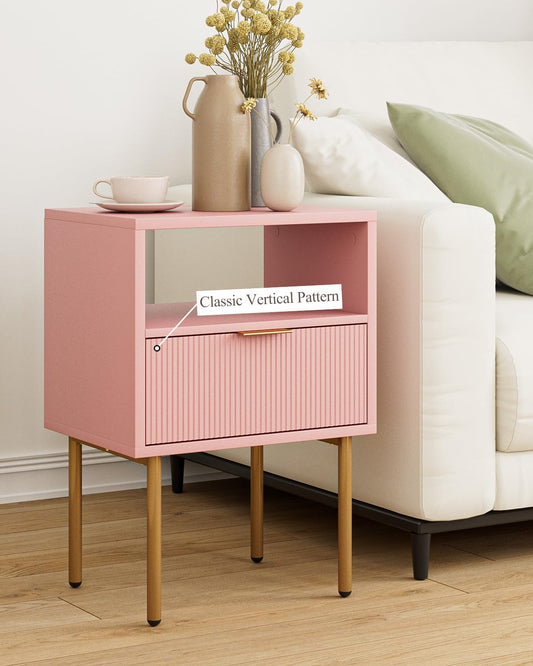 HEYZOEY Bedside Table Bedside Cabinet with 1 Open Shelf And 1 Drawer,Modern Bedside Table,Boho BedsideTable for Bedroom,Living Room,Pink