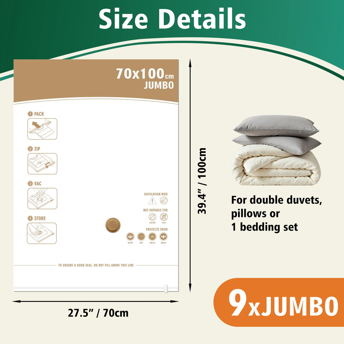 STORAGE MASTER Pack of 9 Jumbo Size Space Saver Bags for Travel and Home Reusable Vacuum Storage Bags Save 80% More Storage Space Work with Vacuum