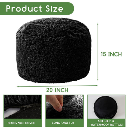 HIGOGOGO Faux Fur Beanbags Round Footstool Bean Bag Pouf with Foam Chunk Filling, 50 x 35 cm Floor Poufs Foot Rest for Living Room, Black