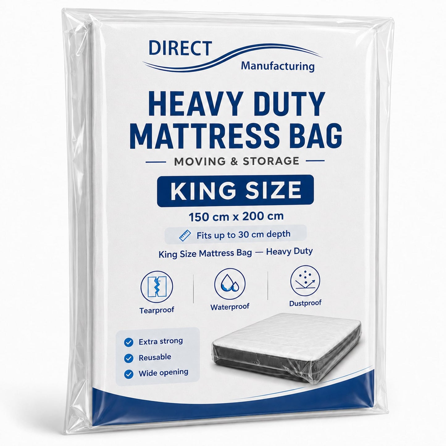 Direct Manufacturing Mattress Storage Bag, 400-Gauge Polythene, King Bed Size (150x200x30 cm), Waterproof Protection for Moving House and Storage