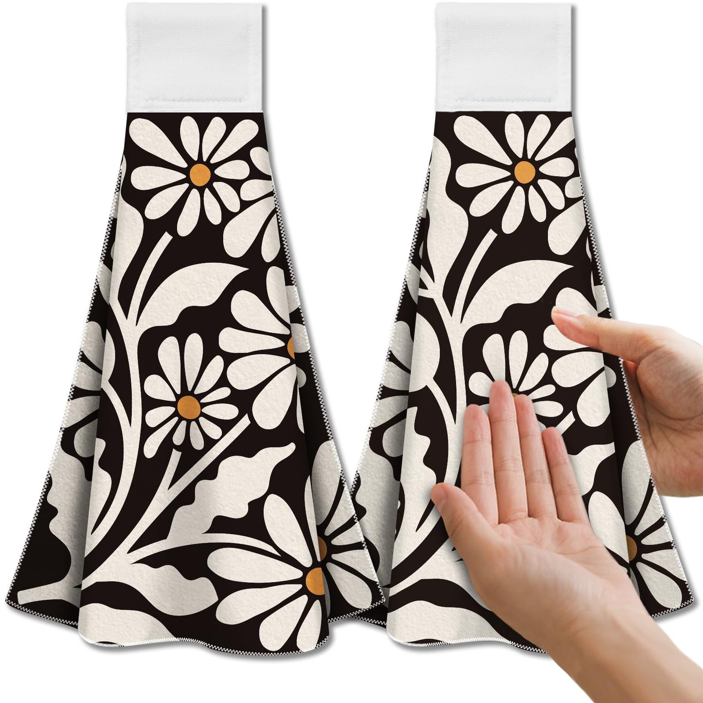 CUTHOLLOW Abstract Floral Tea Towels for Kitchen with Loop, Set of 2 - Soft & Super Absorbent Microfiber Decorative Hanging Dish & Hand Towel, Tea,