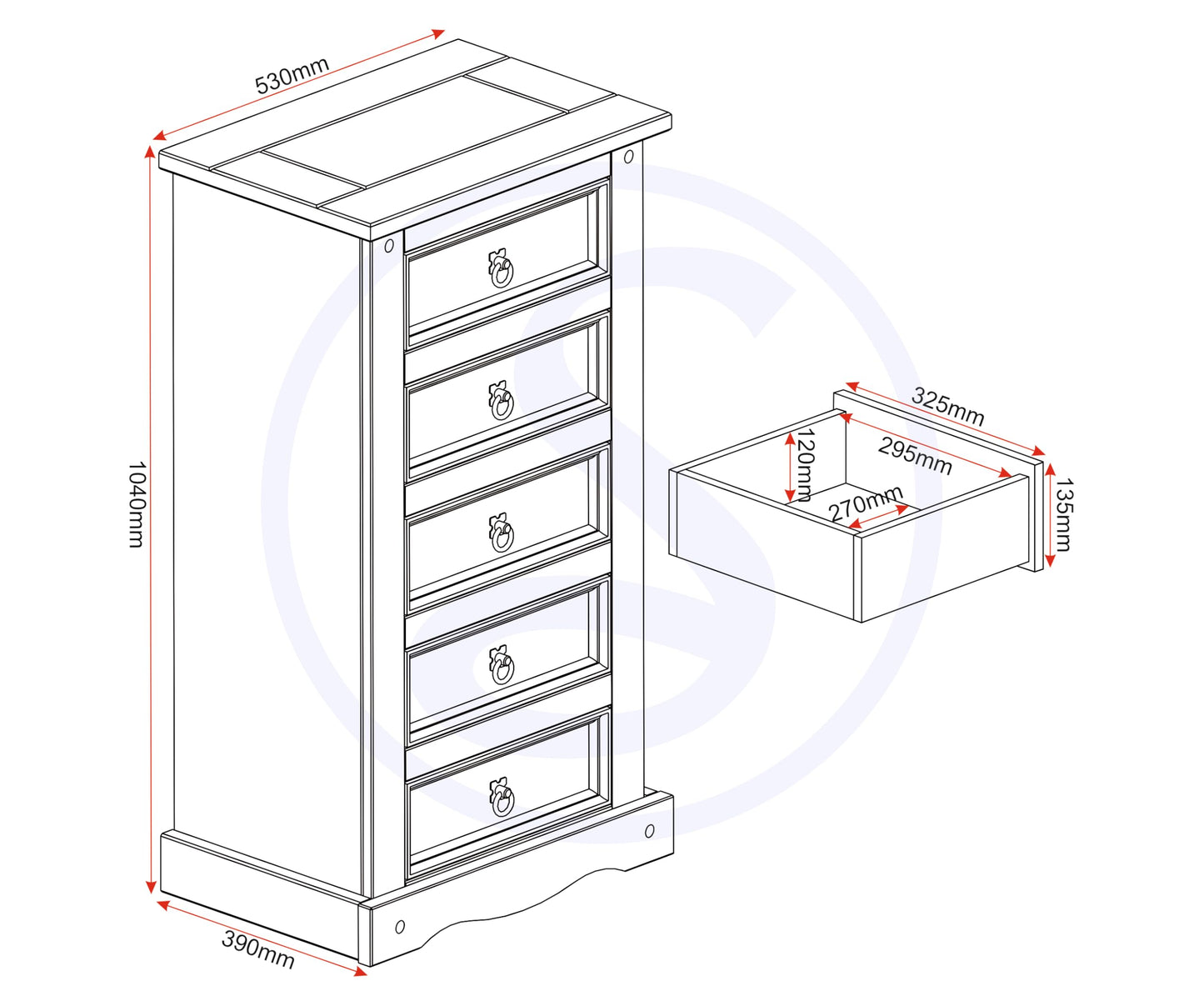 Seconique Corona 5 Drawer Narrow Chest in Distressed Waxed Pine