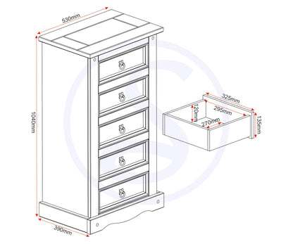 Seconique Corona 5 Drawer Narrow Chest in Distressed Waxed Pine