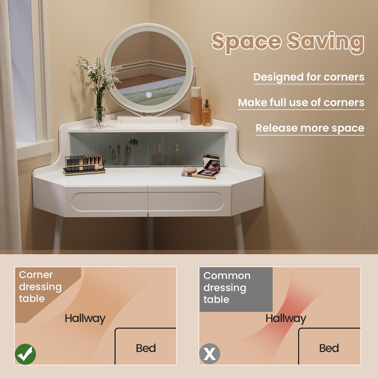 WOLTU Dressing Table with Mirror, Corner Vanity Desk, Bedroom Dressing Table with 2 Drawers 1 Closed Compartment, White Mirrored Desk