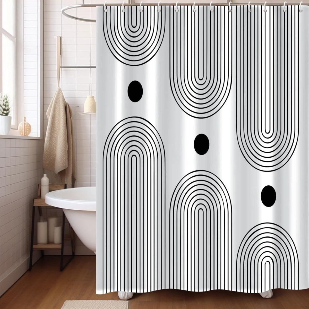 GKLEASG White and Black Shower Curtain, Boho Minimalist Mid Century Modern Arch Geometric Machine Washable Waterproof Fabric for Bathroom Bathtub