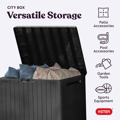 Keter City 30 Gallon Resin Outdoor Storage Box and Patio Furniture Side Table for Pool and Garden Accessories, Dark Grey