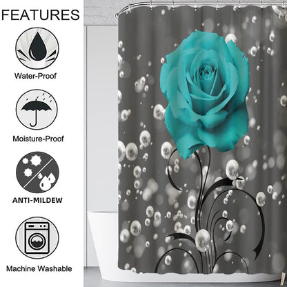 4 Piece Shower Curtain with Bath Rugs Bathroom Sets, Rustic Blue Rose Flower with Butterfly Bathtub Accessory Kit -- Carpet ,U Shape Mat and Toilet