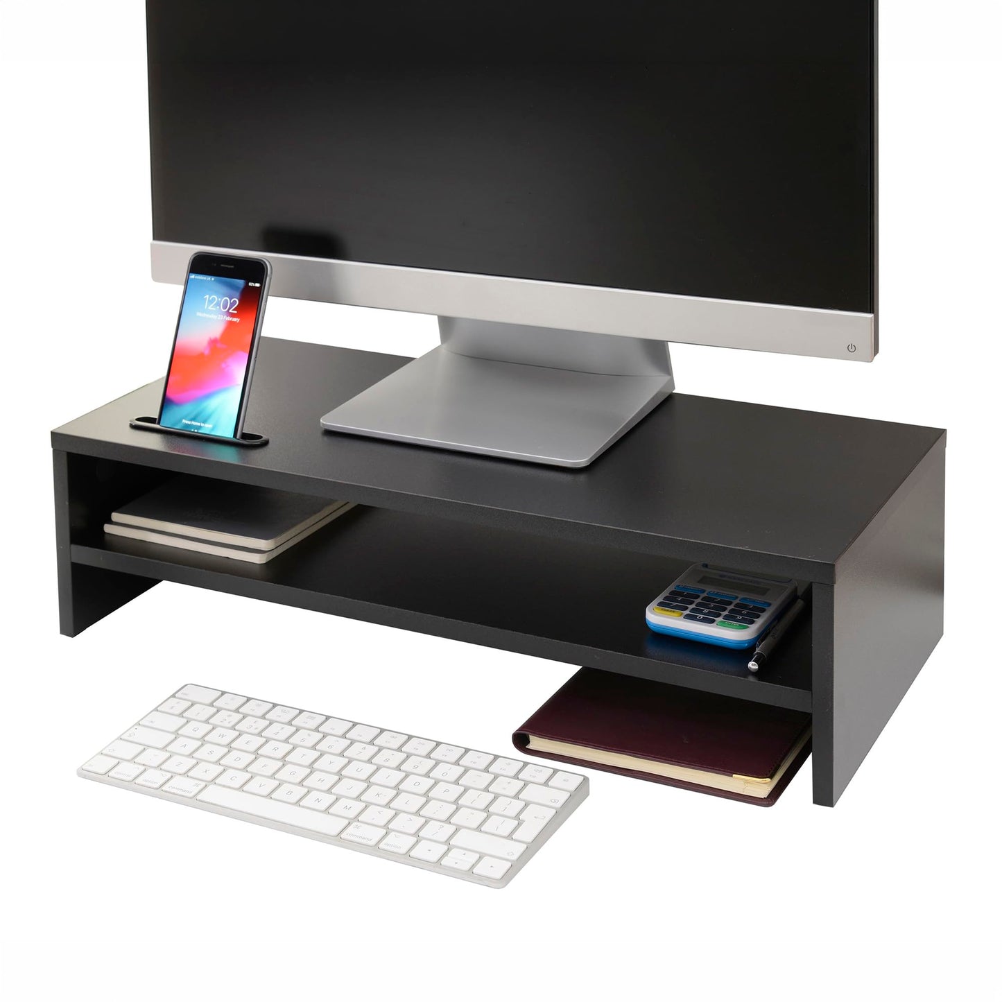 Ttap Black Wooden Monitor Two Shelf Stand Computer Laptop TV Screen Riser Desk Organiser 54cm L x 24.5cm D x 14.4cm H (with Smartphone holder)