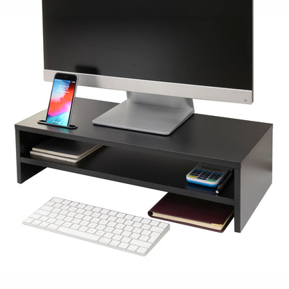 Ttap Black Wooden Monitor Two Shelf Stand Computer Laptop TV Screen Riser Desk Organiser 54cm L x 24.5cm D x 14.4cm H (with Smartphone holder)