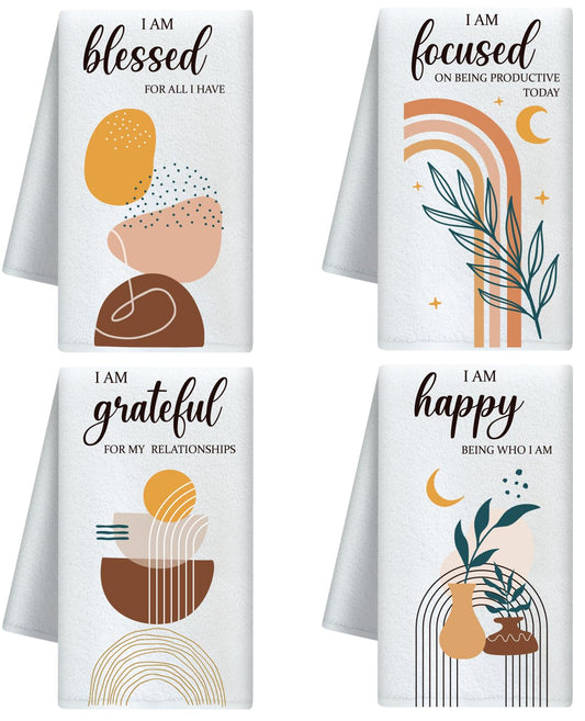 CUTHOLLOW Boho Element Decorative Kitchen Towels Set of 4, 60x40cm Soft & Absorbent Microfiber Dish Towel for Tea Coffee Bar Home, Best Gift for