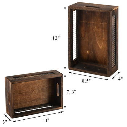 Dicunoy Set of 2 Rustic Wooden Storage Crates, Nesting Organizer Boxes, Small Decorative Wood Wire Containers with Handle for Countertop, Fruit